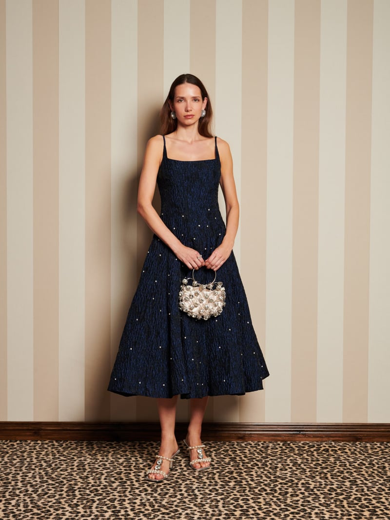 Navy Floral Jacquard Fit and Flare Midi Dress