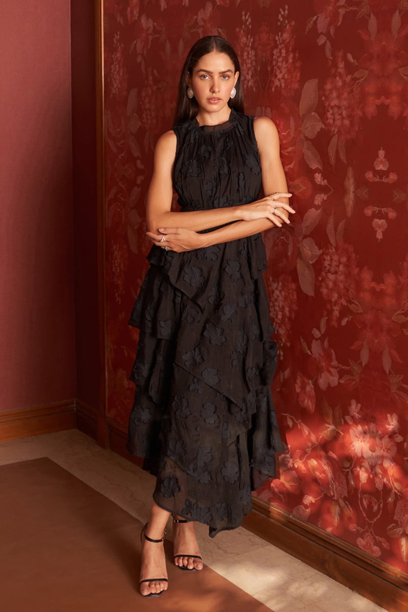 Black Jacquard Tiered Maxi Dress