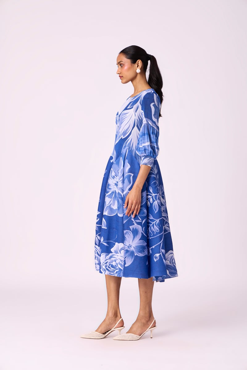 Blue Floral Pleated Fit and Flare Midi Dress