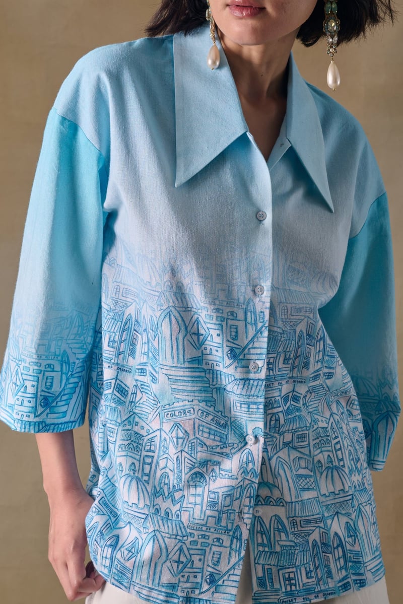 Blue Landscape Printed Relaxed Fit Kimono Shirt