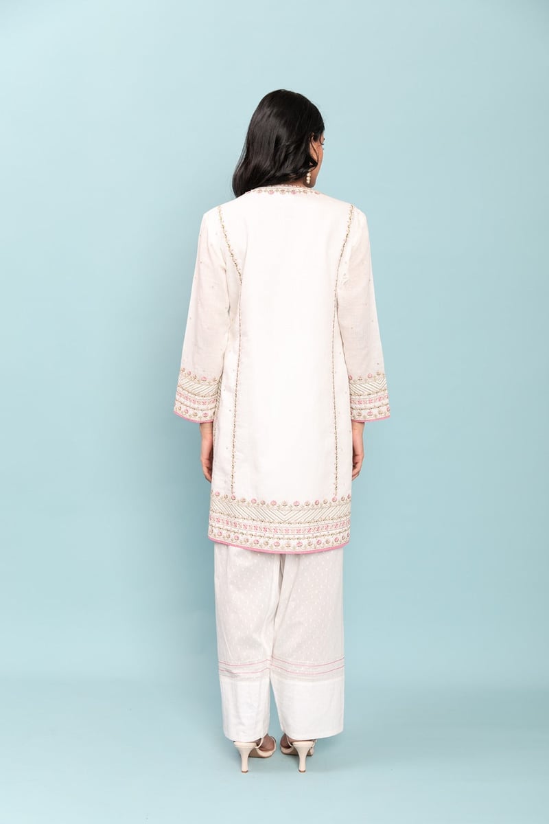 Ivory Cotton Flex Embroidered Kurta Set with Pink Dupatta