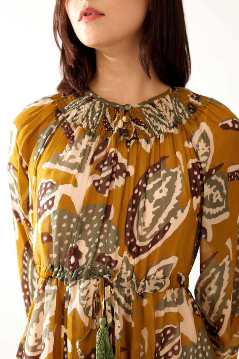 Mustard And Olive Floral Kaftan Dress