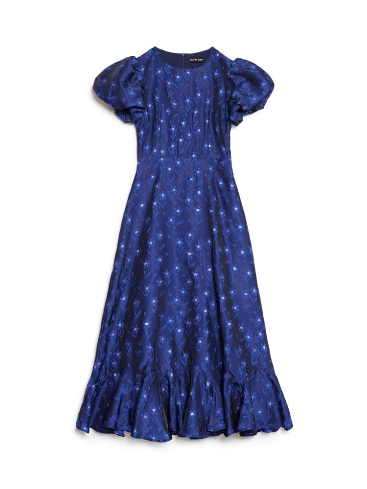 Cobalt Blue Floral Jacquard Puff Sleeve Midi Dress