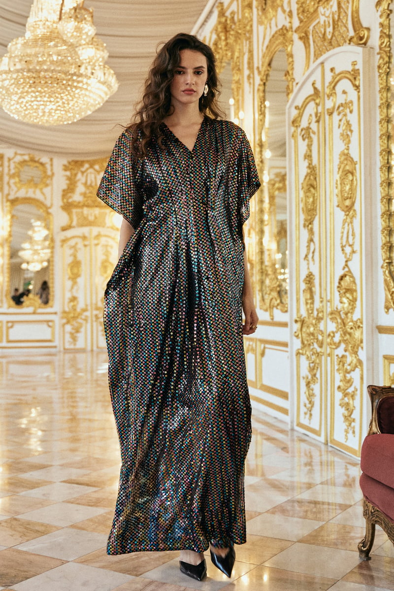 Multicolour Iridescent Sequin Maxi Kaftan Dress