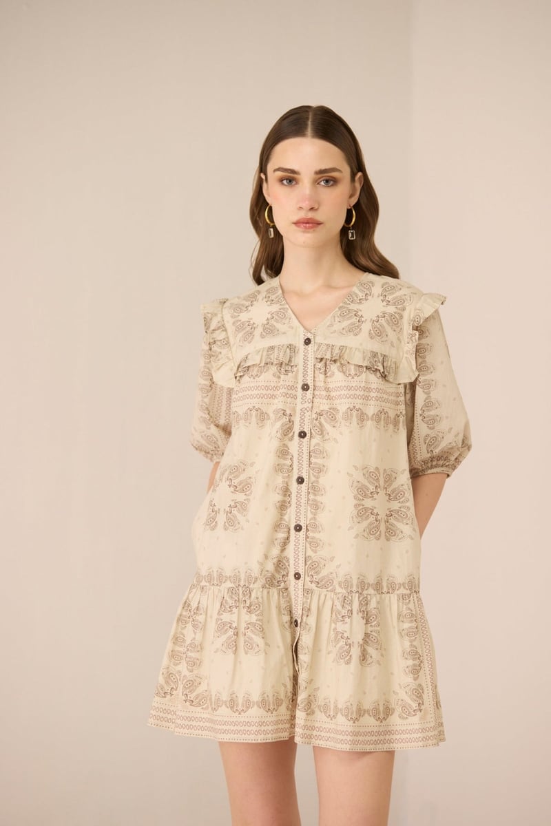 Paisley Brown Cotton A-Line Mini Dress with Ruffle Yoke — Calling June