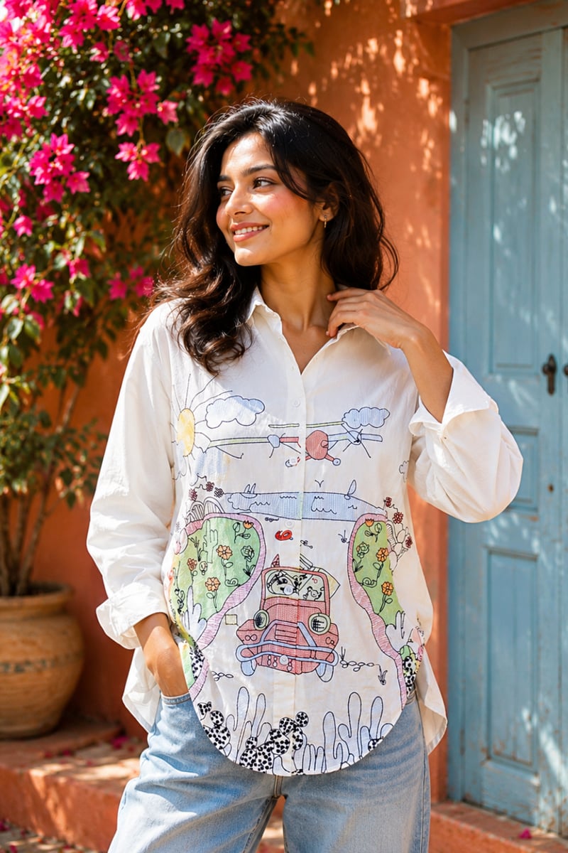 White Scenic Print Relaxed-Fit Shirt
