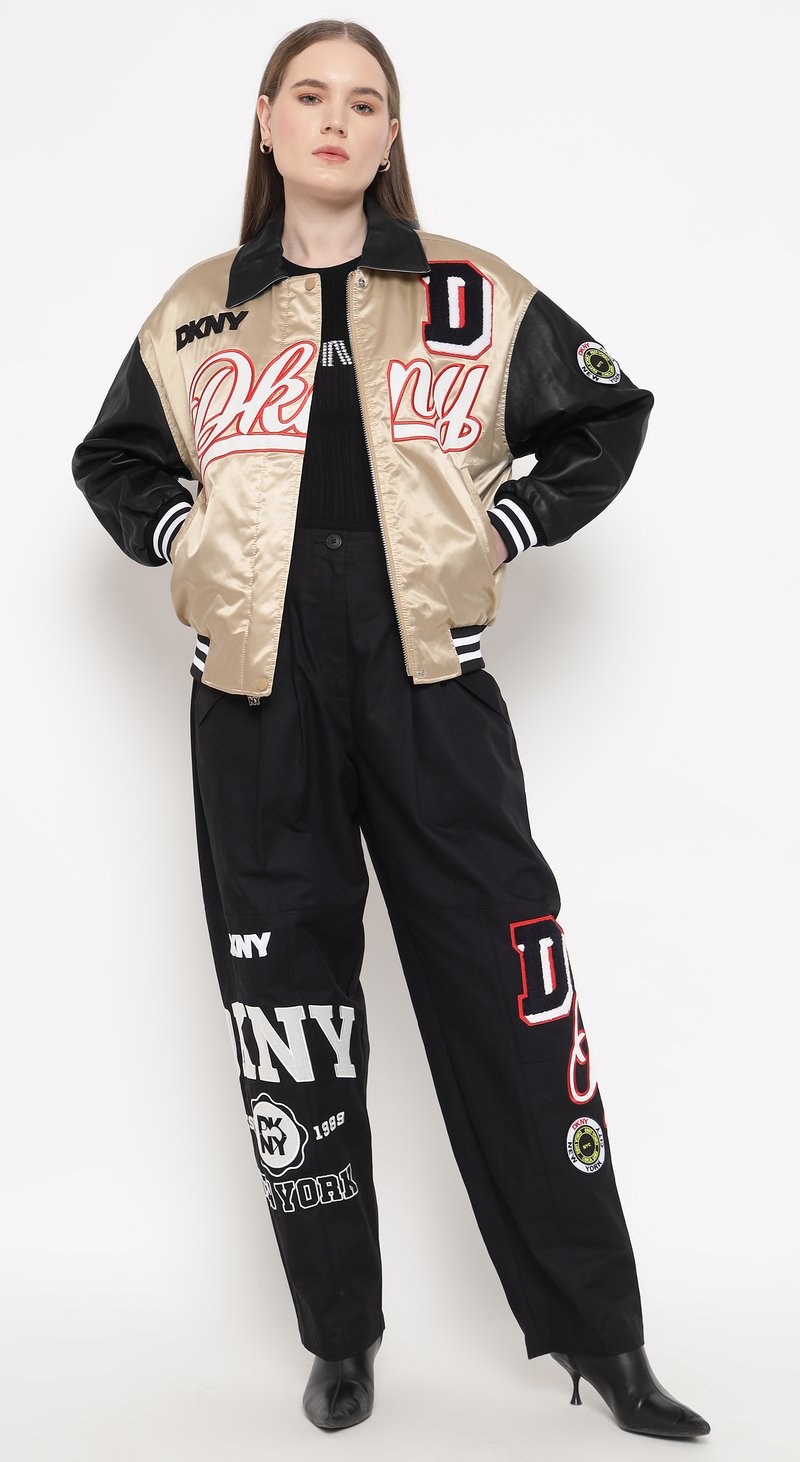 Beige and Black Colorblock Varsity Bomber Jacket