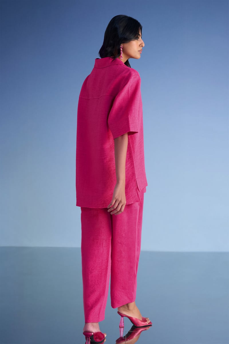 Fuchsia Linen-Textured High-Low Popover Top