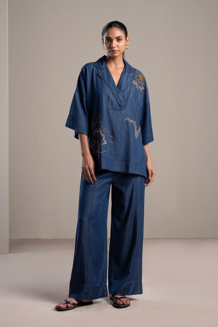 Blue Anti-Fit Lapel Shirt and Wide-Leg Pants Co-ord Set — Spacelines