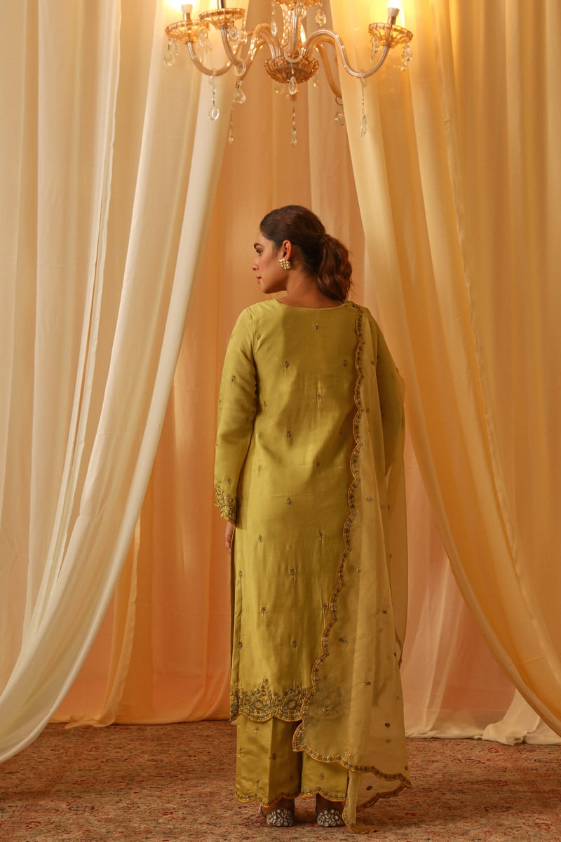 Yellow Chanderi Embroidered Kurta Pant Set with Dupatta