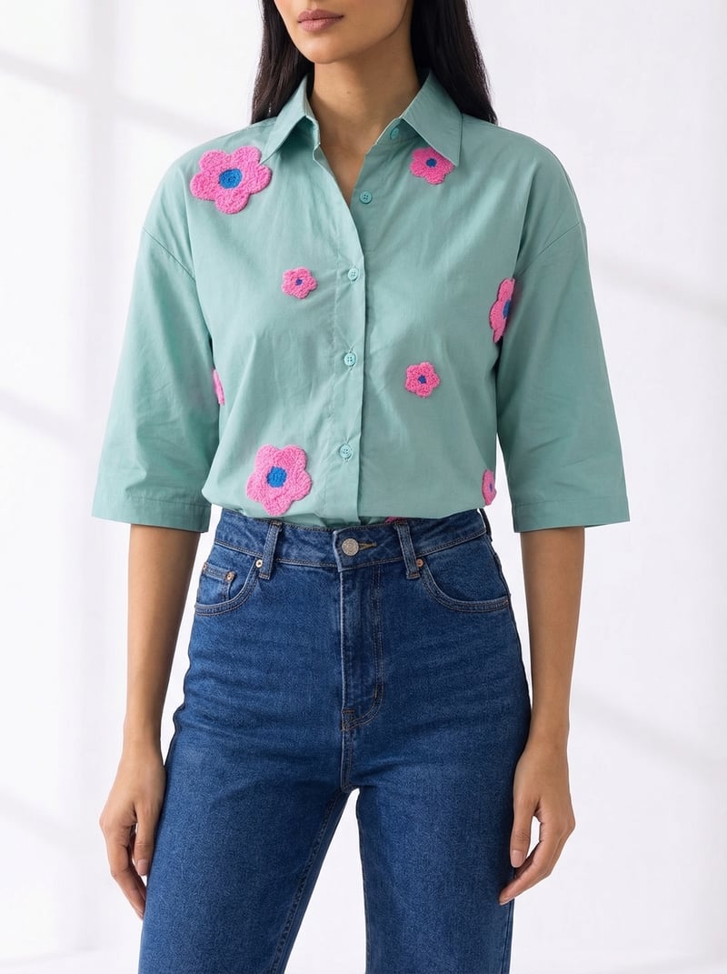 Boxy Fit Blue Shirt with Pink Flower Embroidery — Brand New Brand