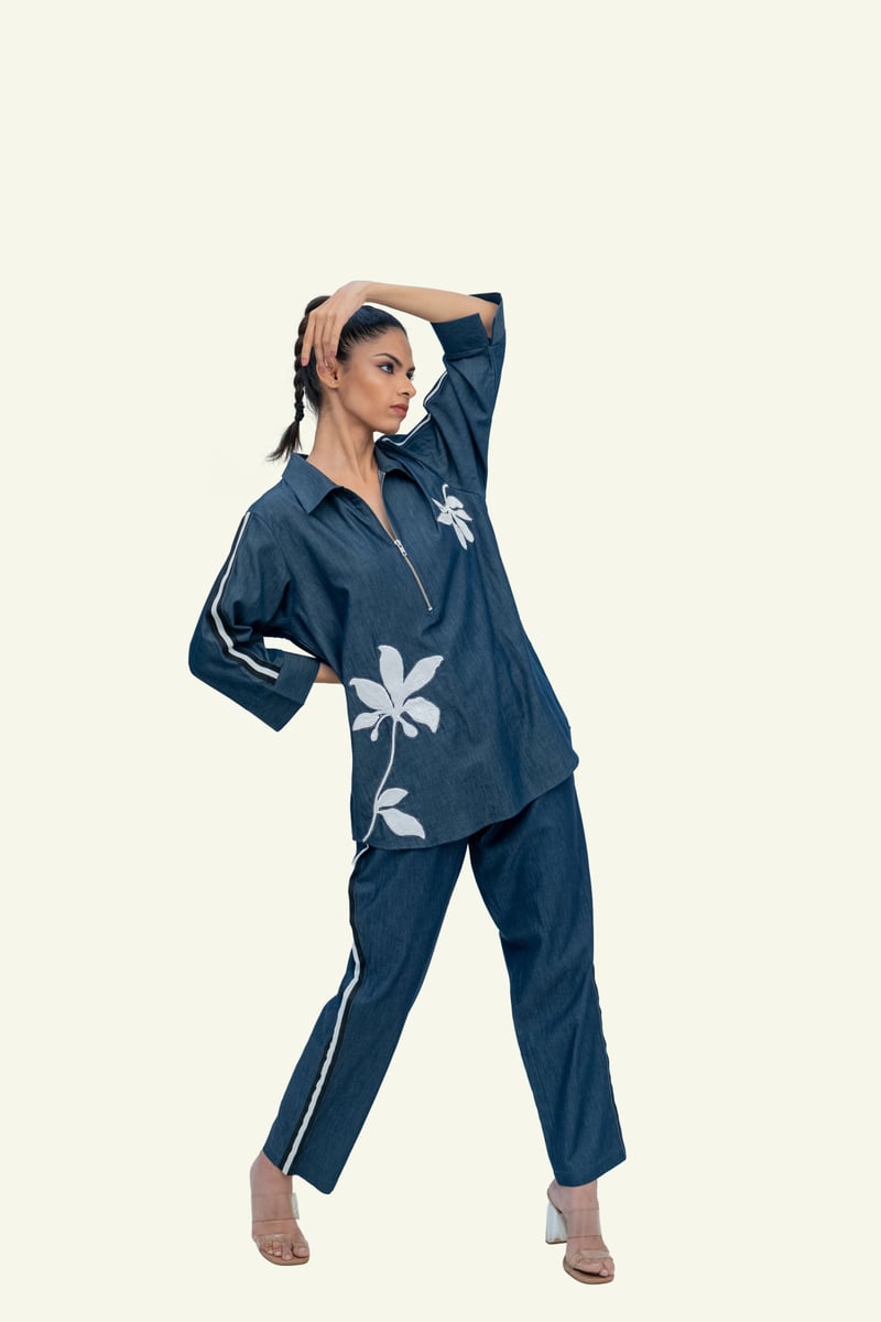 Blue Denim Cotton Shirt with Embroidery