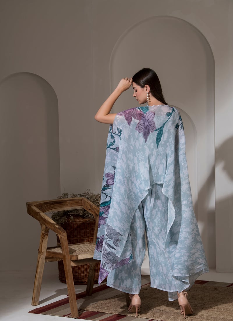 Blue Floral Kaftan and Wide-Leg Pant Co-ord Set