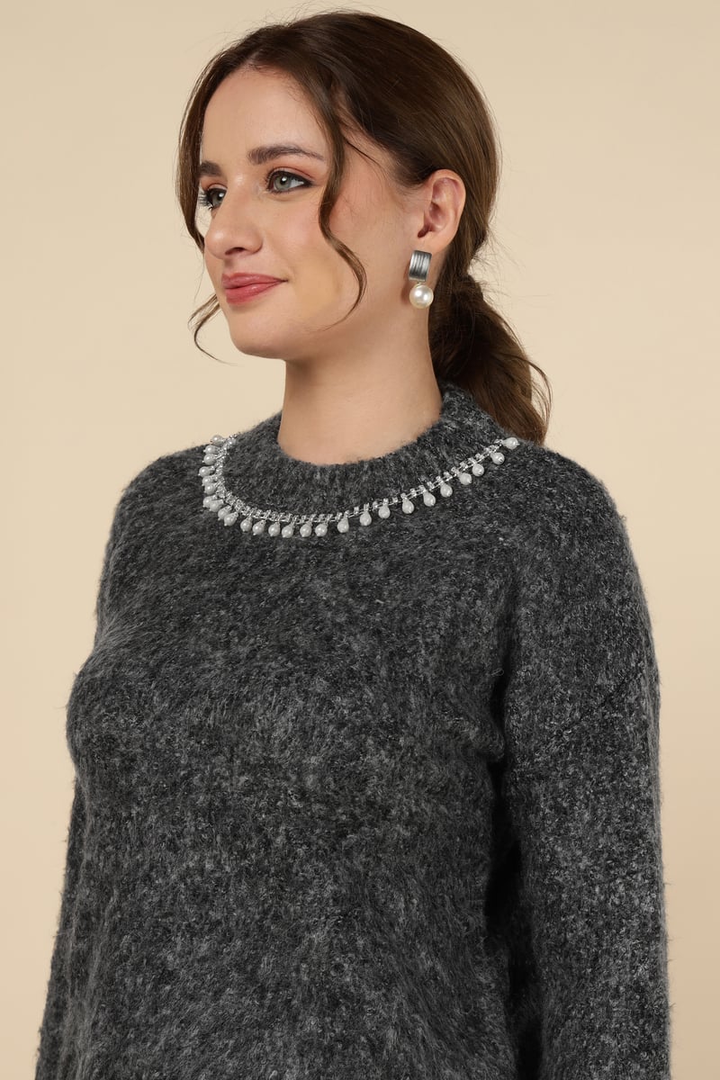 Grey Pearl-Embellished Neck Pullover Sweater