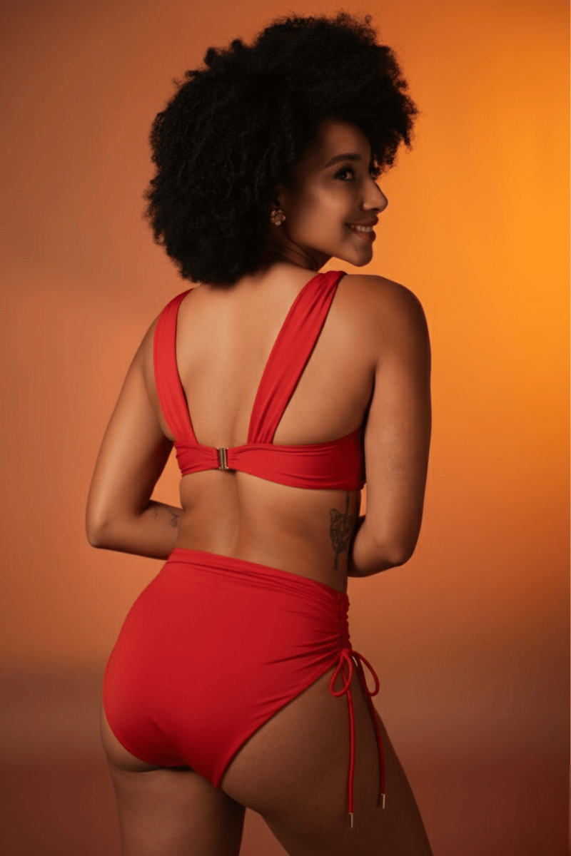 Red Ruched Bikini With High-Waist Bottoms