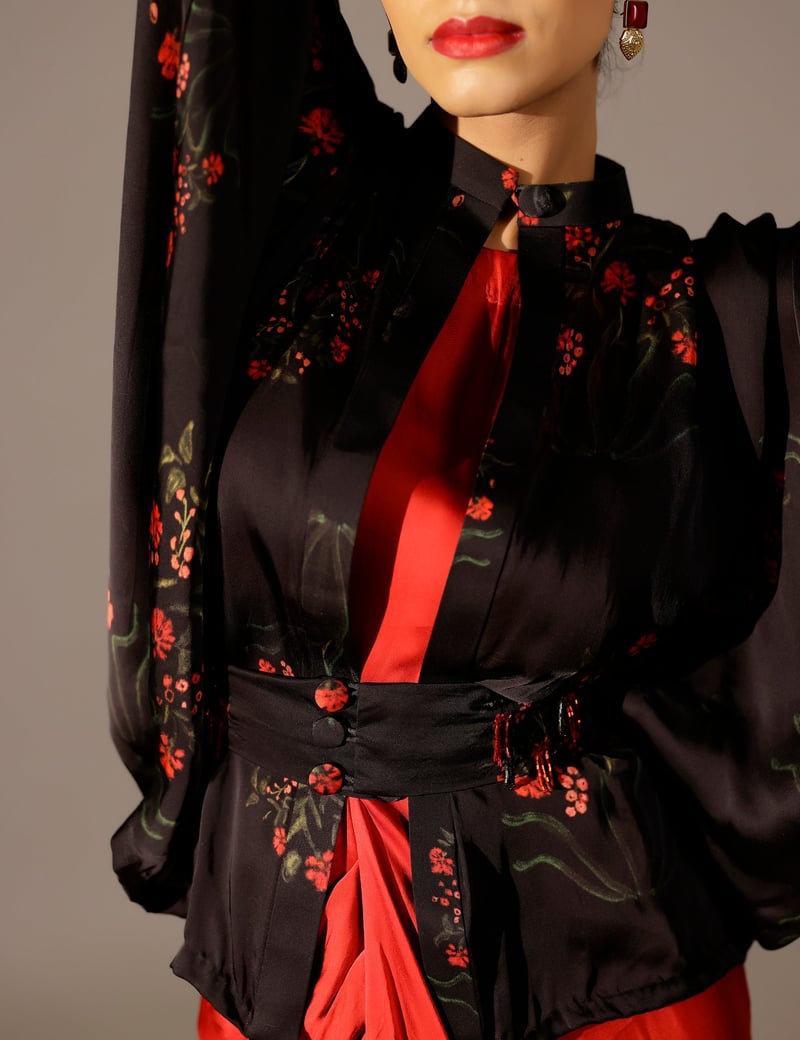 Maroon Black Draped Maxi Gown Set with Kimono and Belt