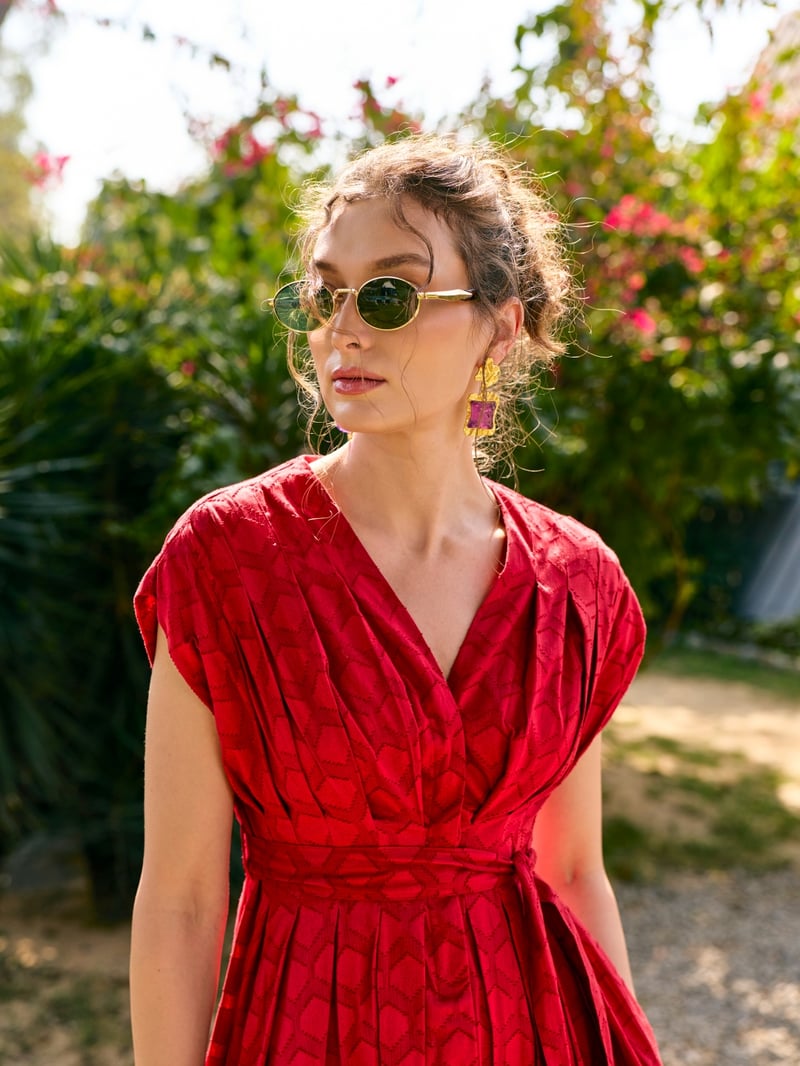 Red Textured Fit and Flare Midi Dress with Waist Sash