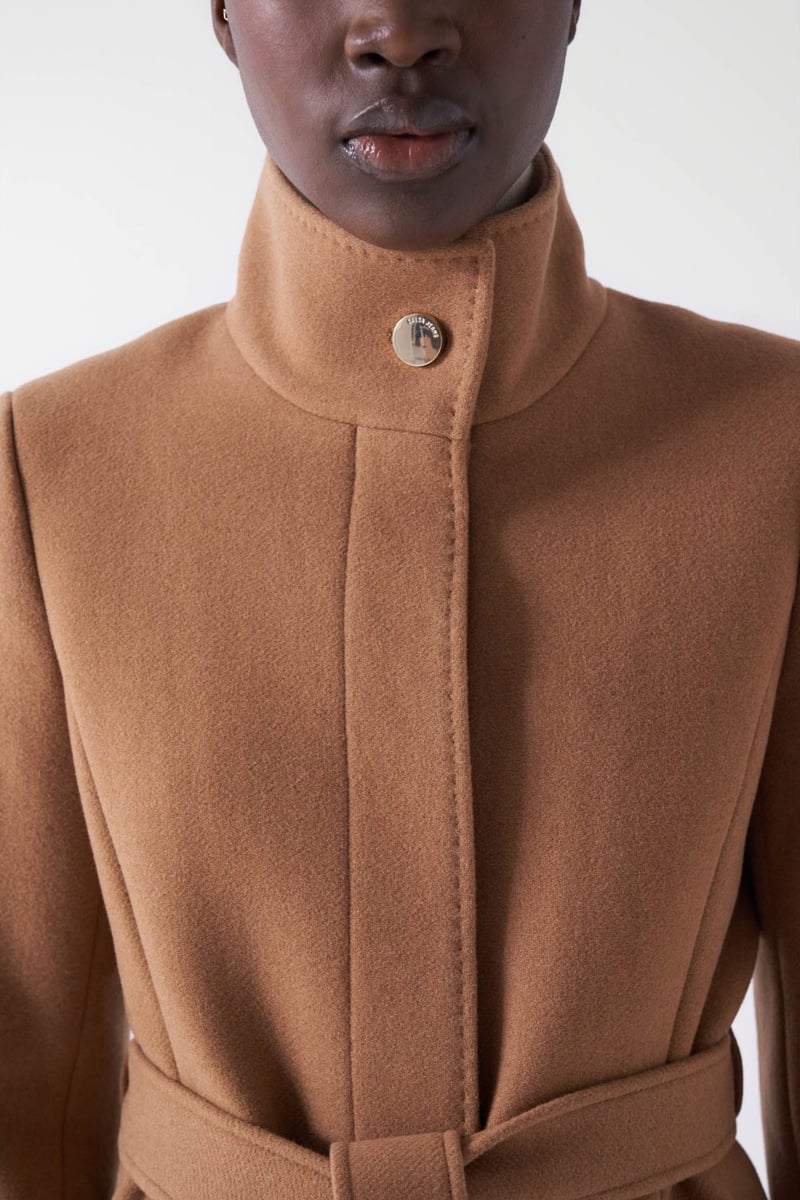 Dark Beige Wool-Blend Belted High-Neck Coat