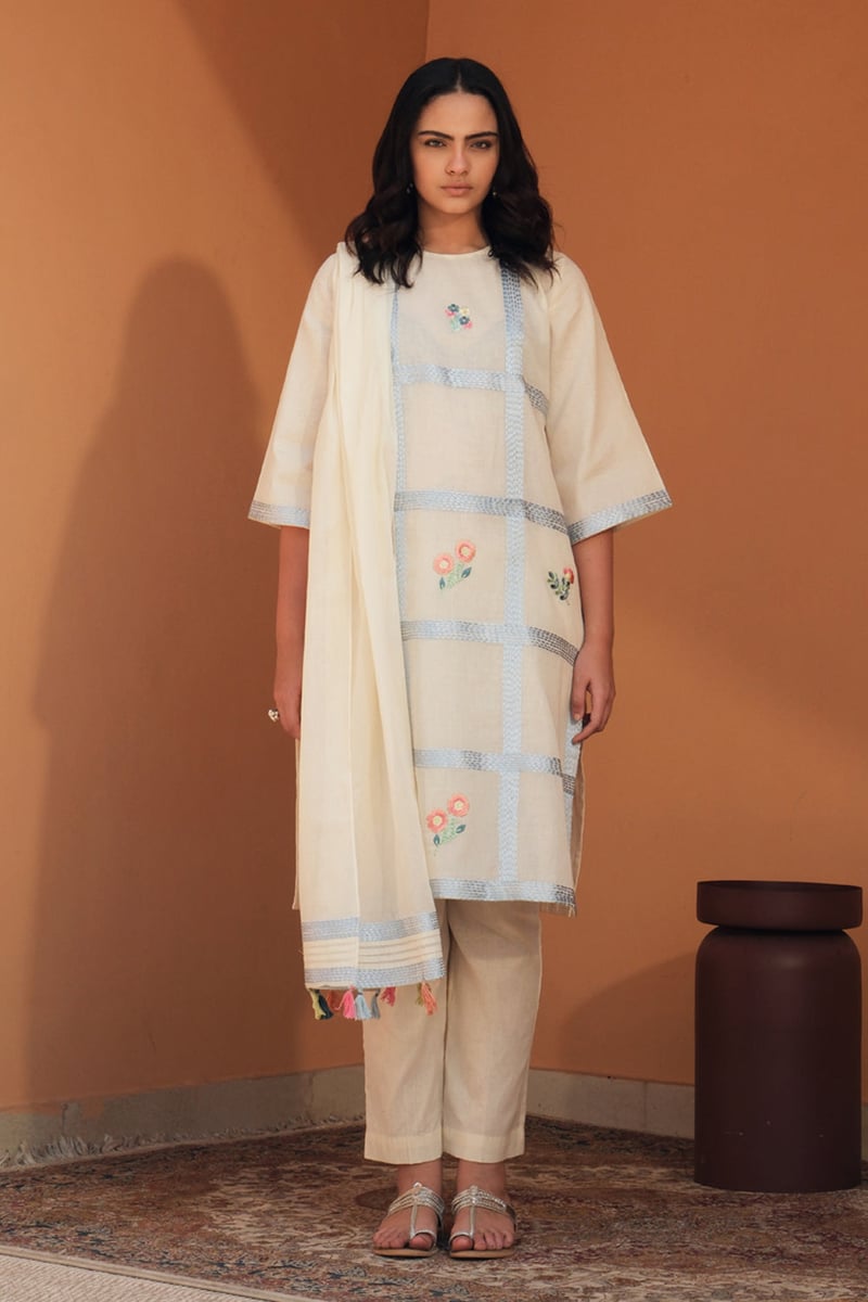 Off-White Mul Mul Kurta Set with Blue Grid Embroidery