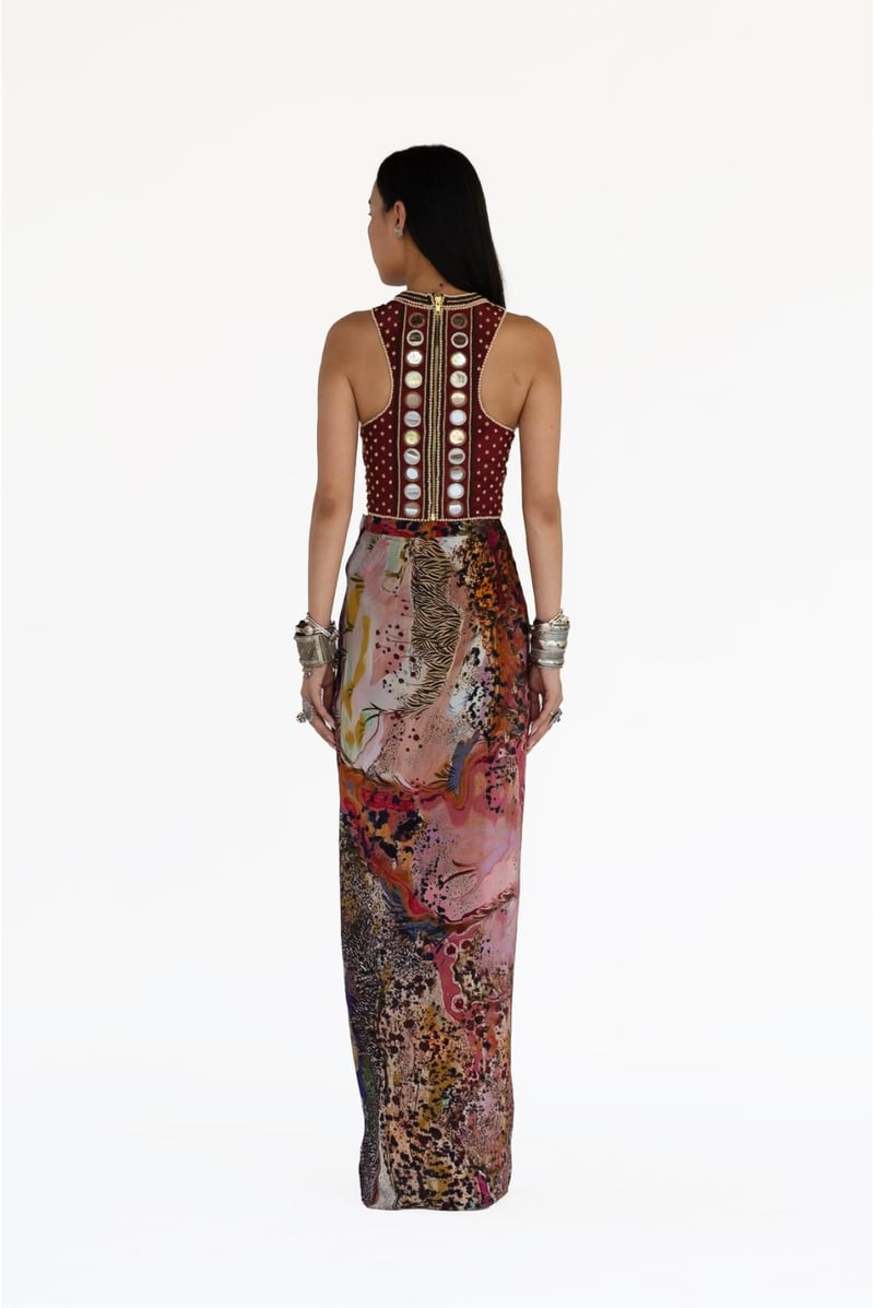 Merlot Embellished Crop Top and Printed Drape Skirt Set