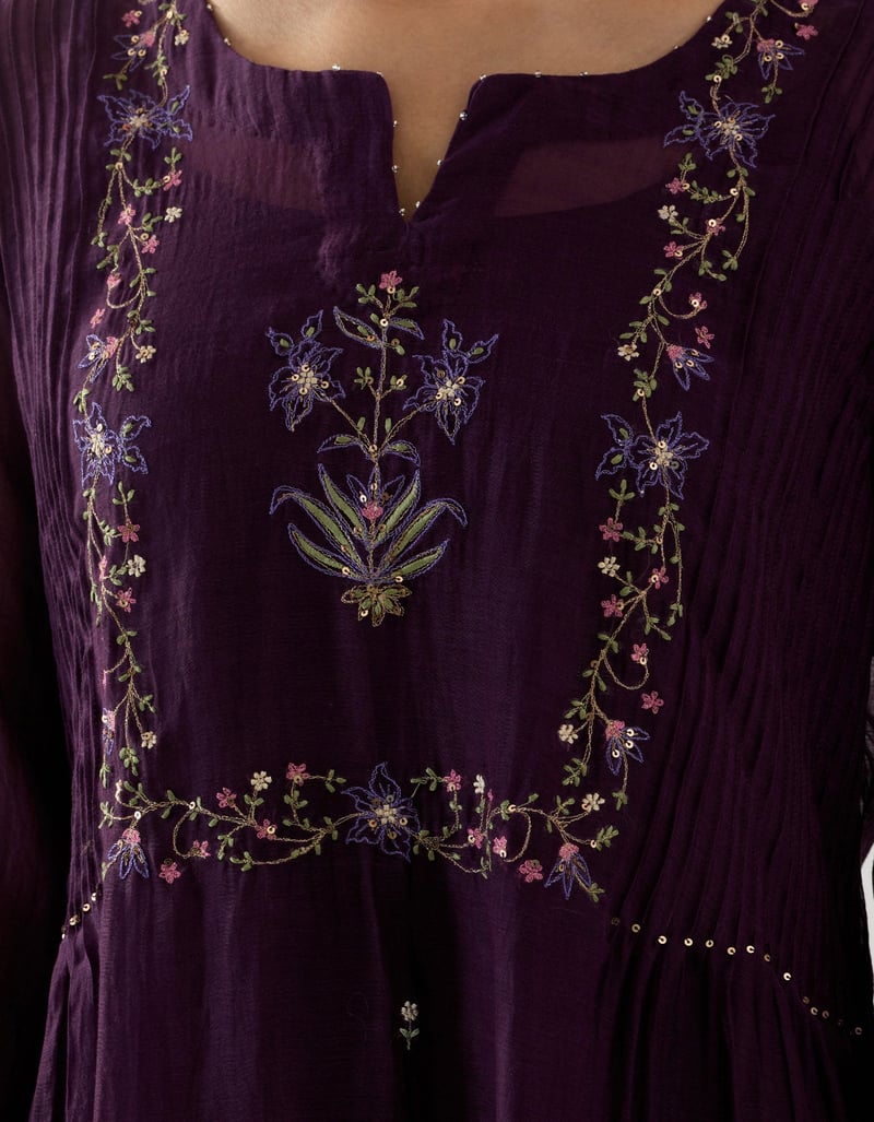 Deep Purple Chanderi Silk Embroidered Kurta Set with Slip