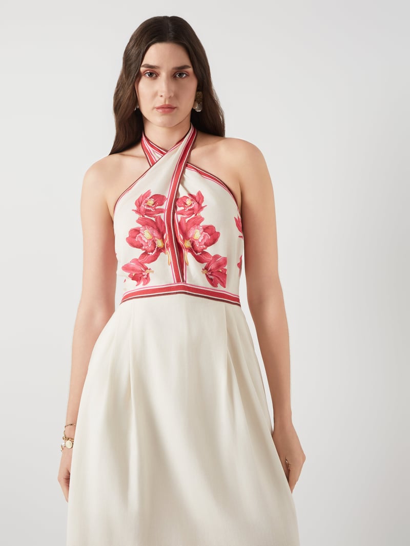 Cream/Pink Floral Halter Fit and Flare Midi Dress