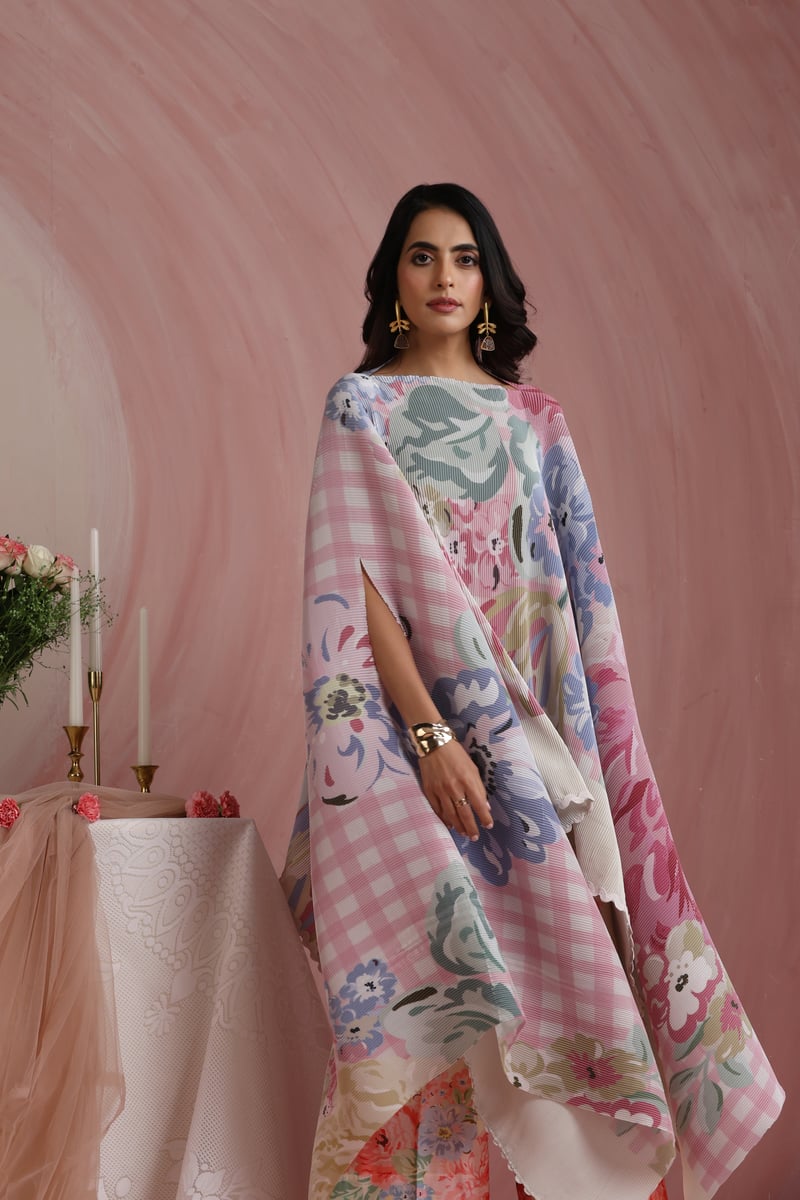 Rose Quartz Satin Floral Check Printed Pleated Cape