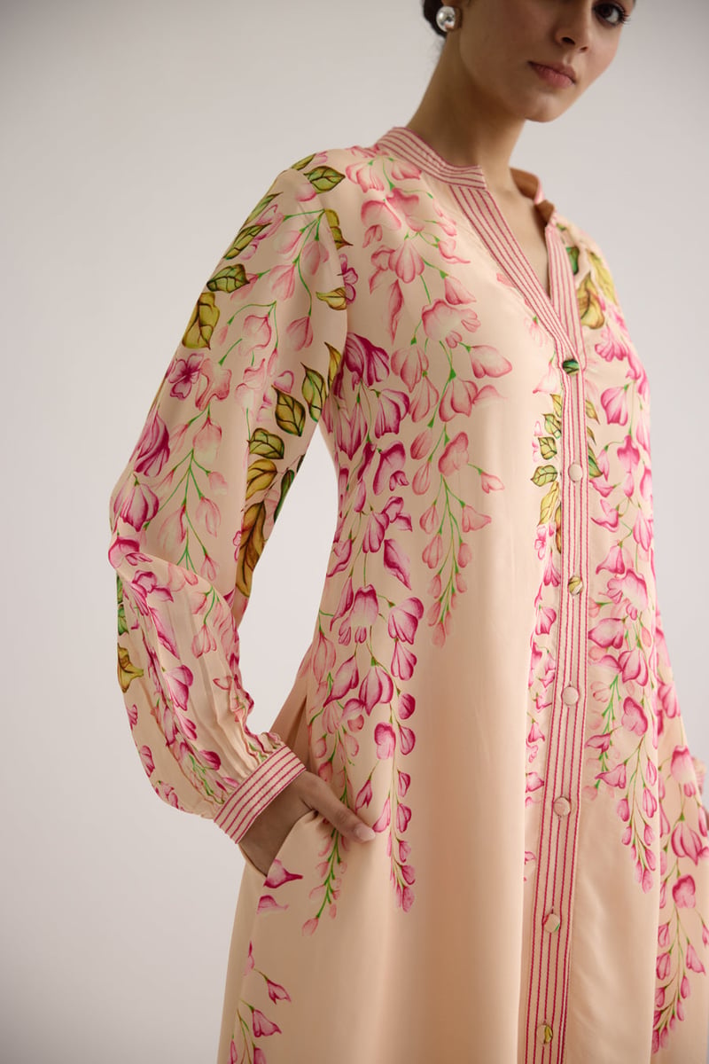 Peach Floral Printed Maxi Shirt Dress with Button Front