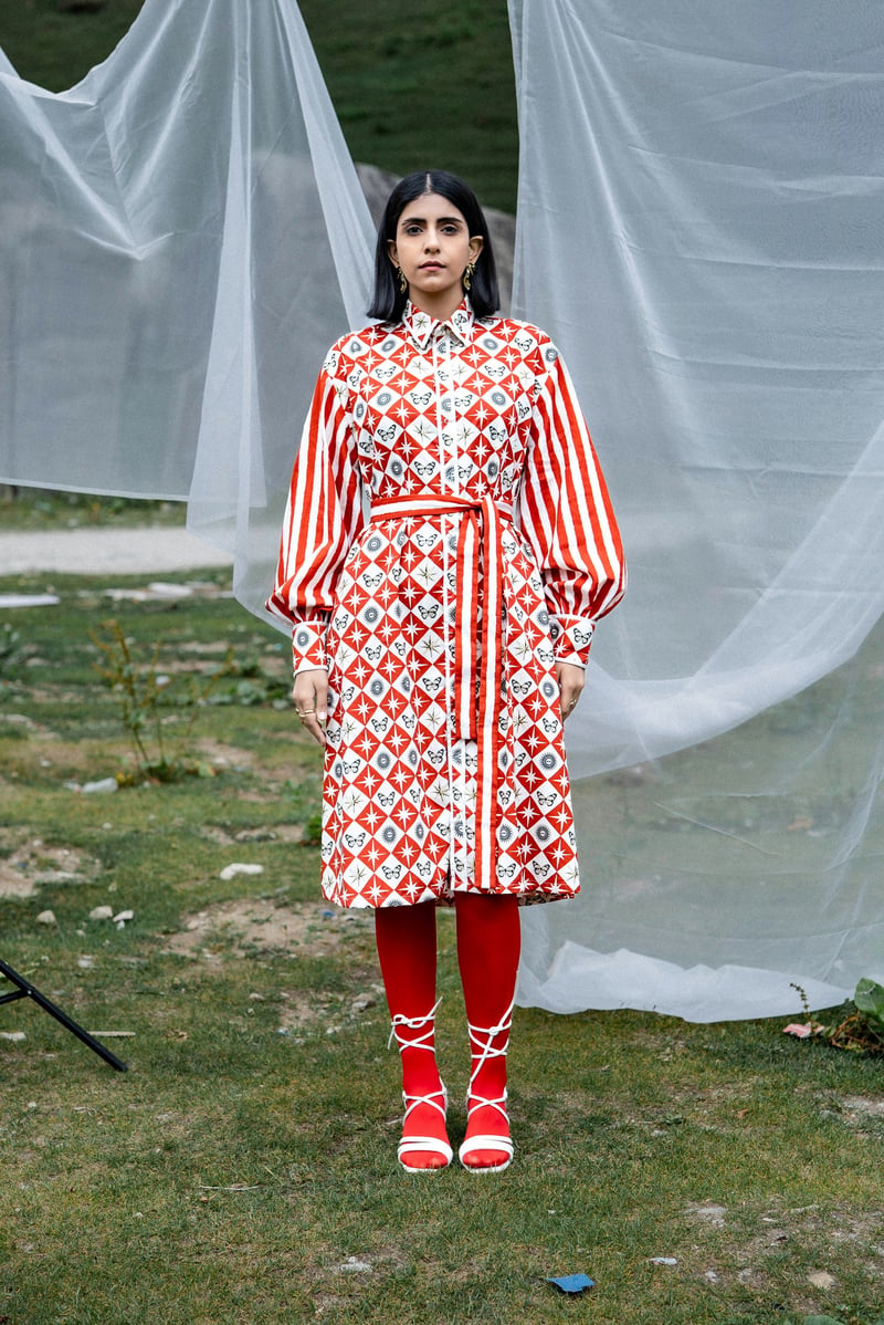 Red and White Printed Midi Shirt Dress with Belt