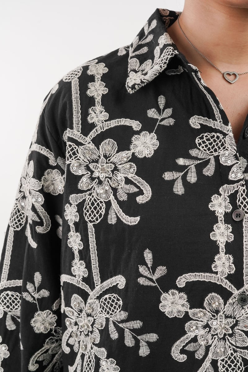 Black Embroidered and Embellished Button-Down Shirt