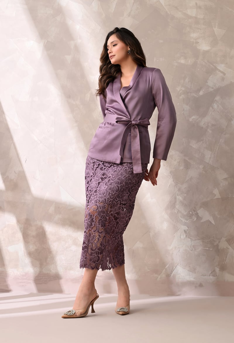 Mauve Wrap Blazer and Lace Midi Skirt Co-ord Set