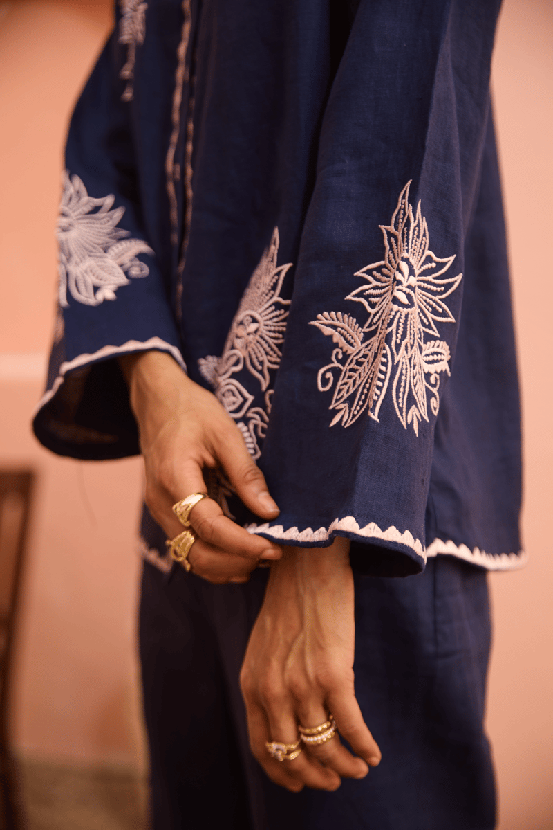 Navy Linen Embroidered Shirt and Flared Pants Co-ord Set