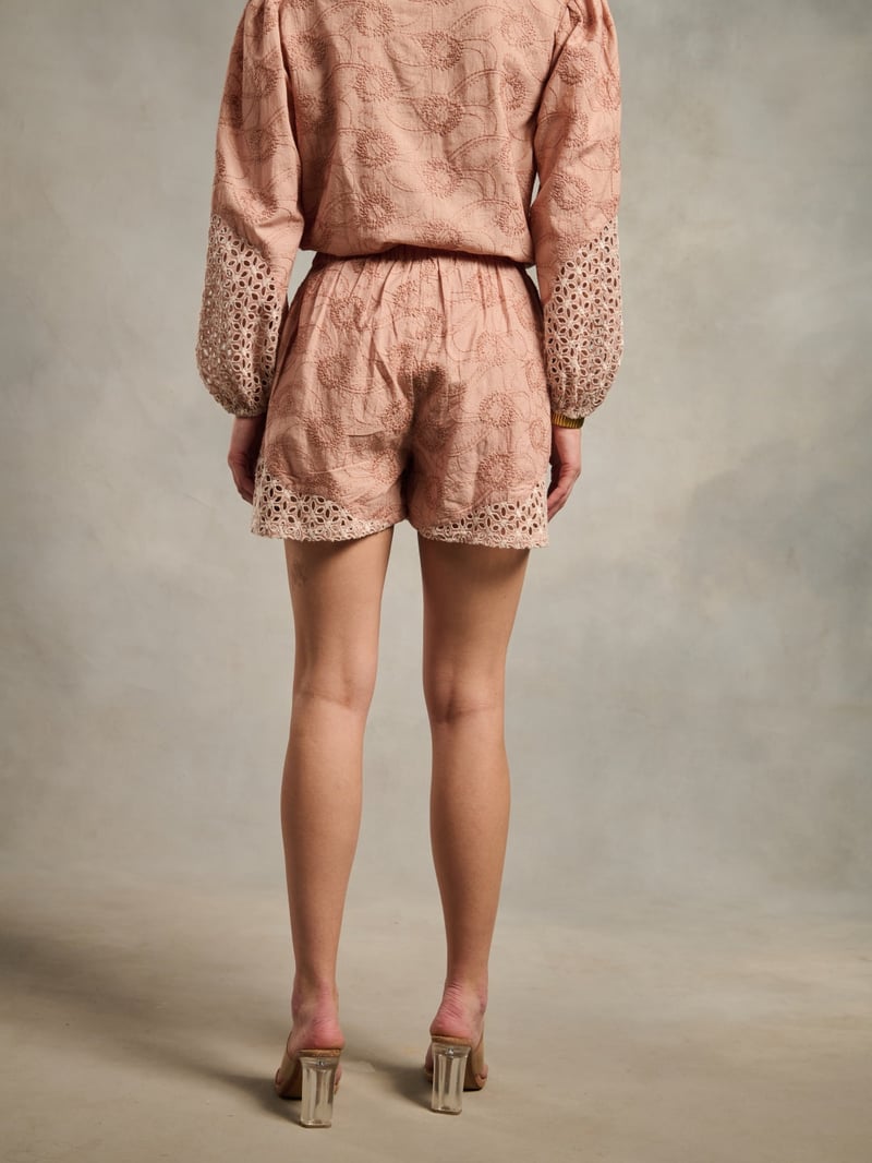 Peach Cotton Schiffli Cutwork Hem High-Rise Shorts