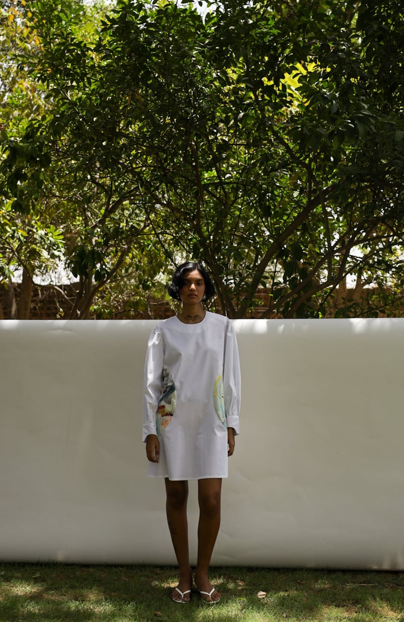 White A-Line Dress with Puff Sleeves and Printed Pockets