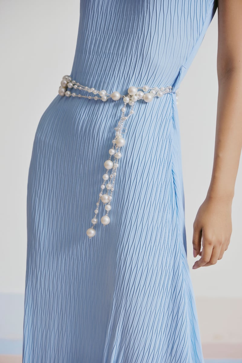 Blue Pintucked Square-Neck A-Line Midi Dress with Pearl Belt