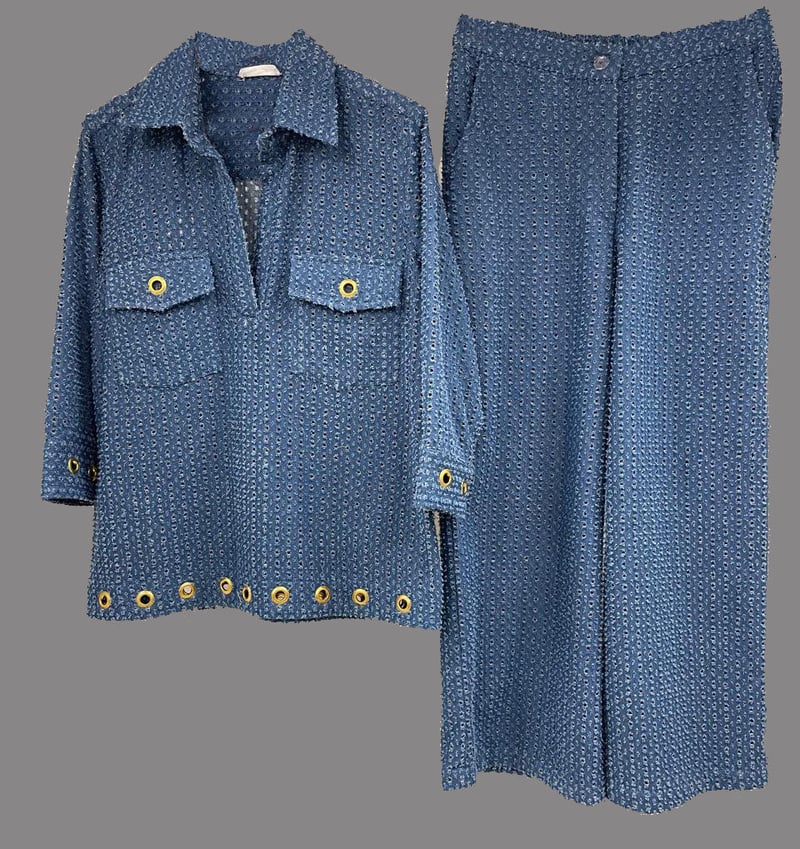 Blue Denim Eyelet Co-ord Set with Flared Pants