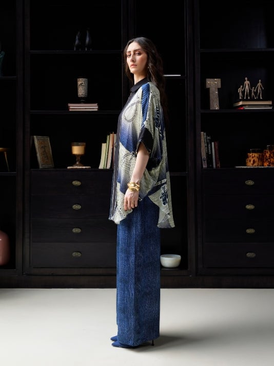 Ivory/Denim Printed Cupro Satin Co-ord Set with Zip Top