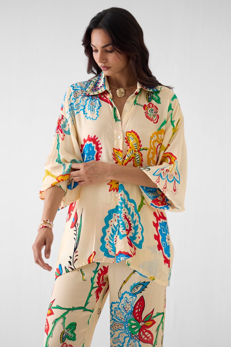 Cream Floral Printed Shirt and Trouser Co-ord Set