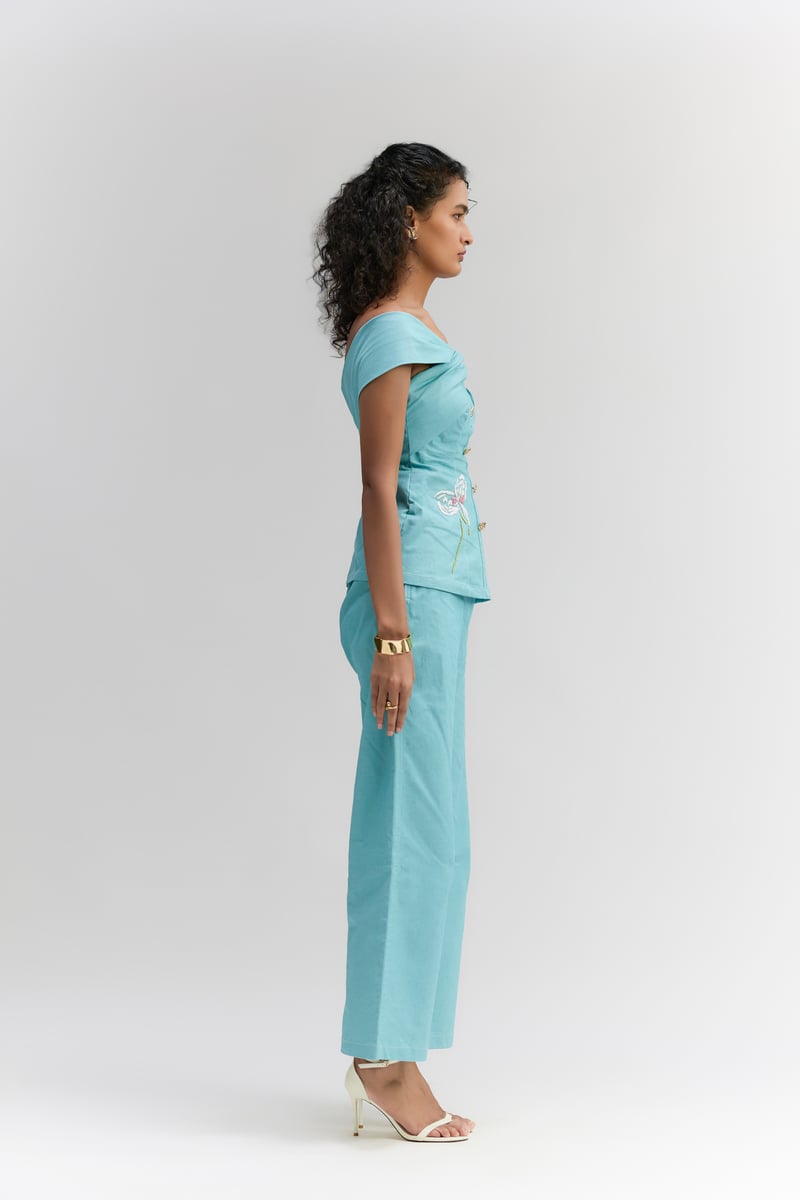 Aqua Blue Denim Off-Shoulder Top & Pant Set