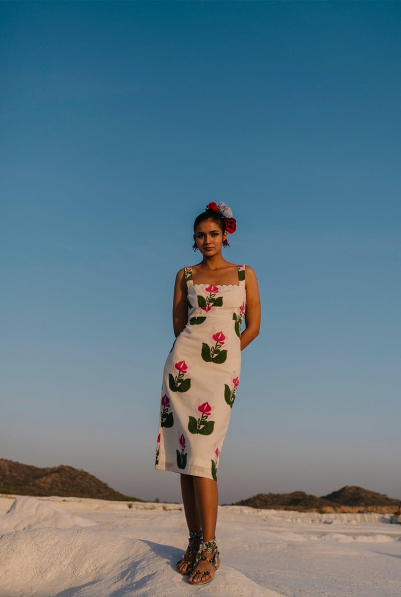 White Pink Floral Square Neck Sheath Midi Dress