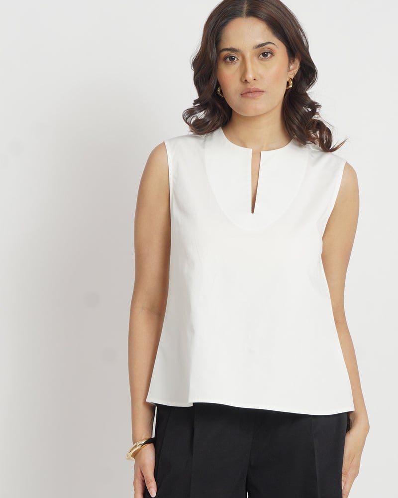 White Notched Neck Relaxed A-Line Sleeveless Cotton Top — Loma Naturally