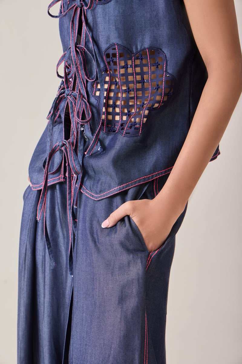 Indigo Tencel Denim Tie-Up Cutwork Vest
