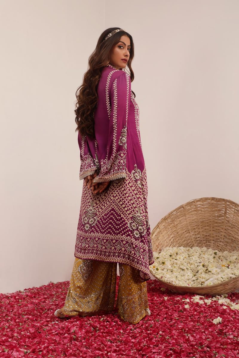 Purple and Mustard A-Line Mirror Work Kurta Set