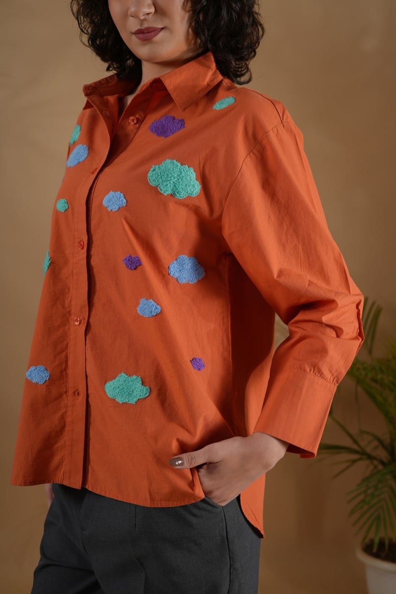 Orange Cotton Comfort-Fit Embroidered Shirt