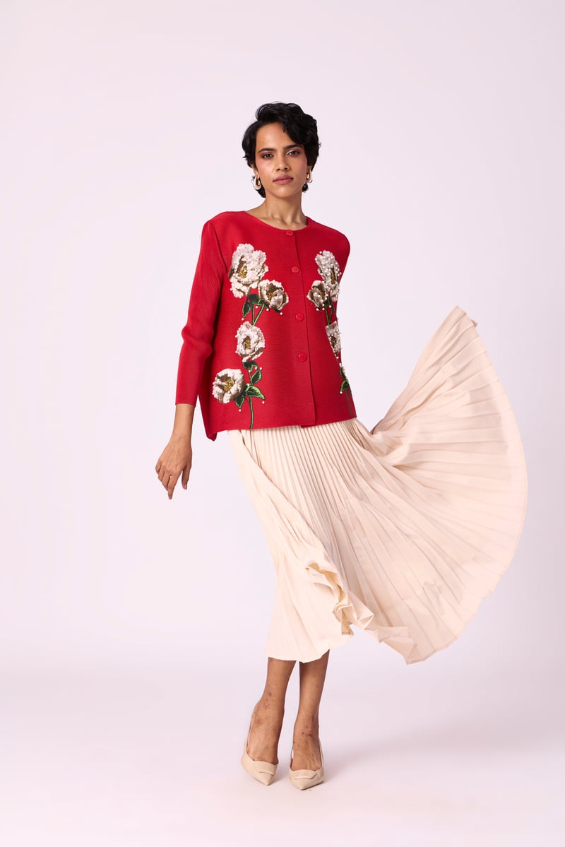 Red Pleated Floral Button-Down Shirt with Pearl Accents