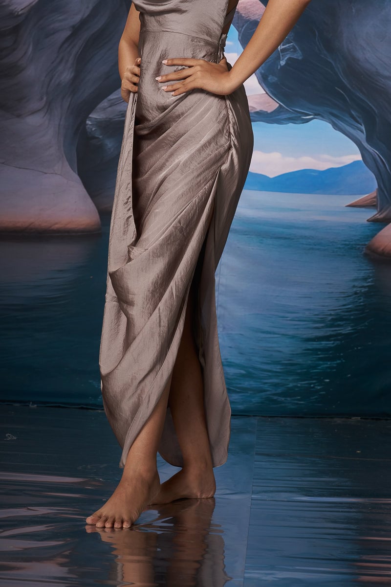 Silver Satin Cowl Neck Maxi Gown with Embellished Straps