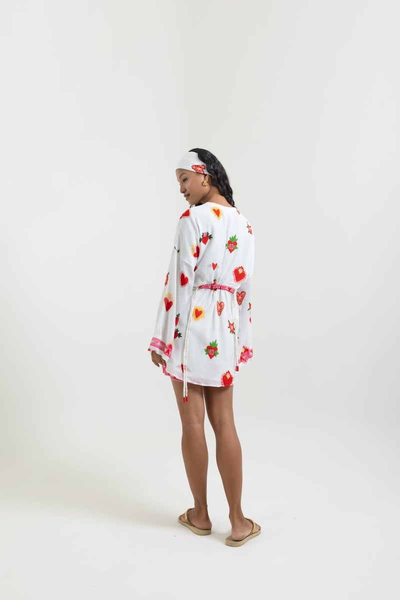 White Heart Print V-Neck Drawstring Waist Top