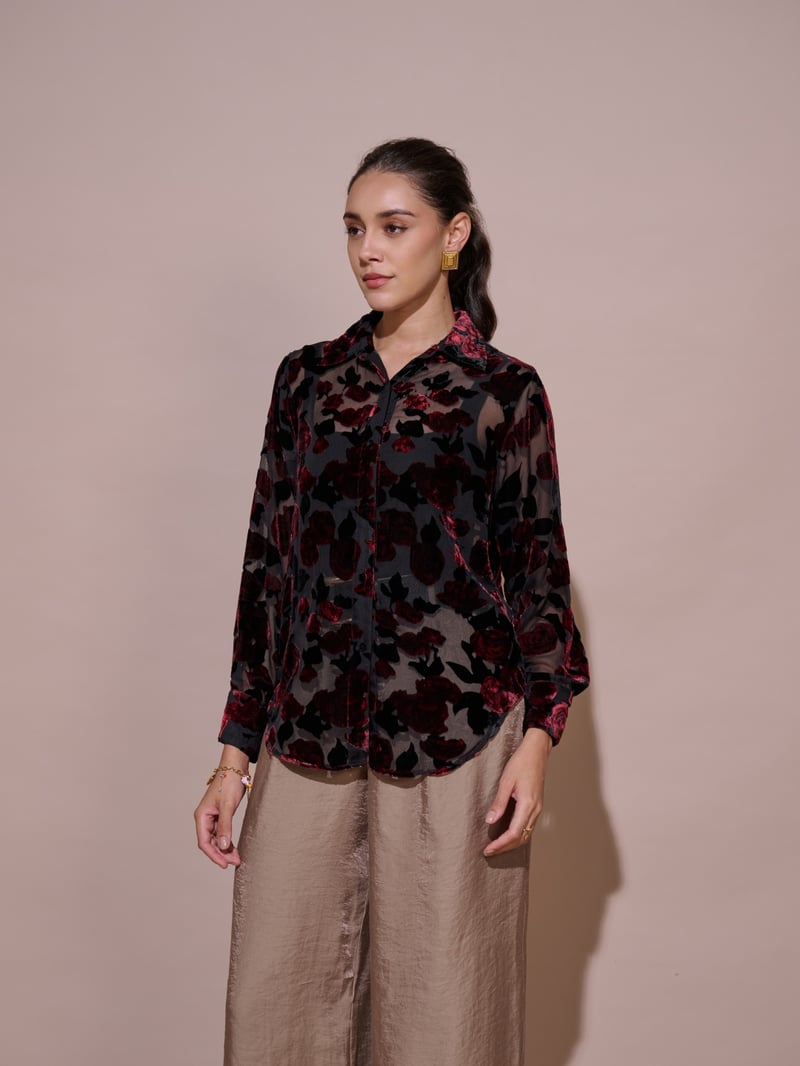 Black Sheer Mesh Shirt with Velvet Floral Overlay