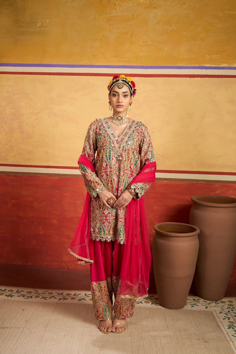 Pink Paisley Embroidered Kurta Set with Dupatta