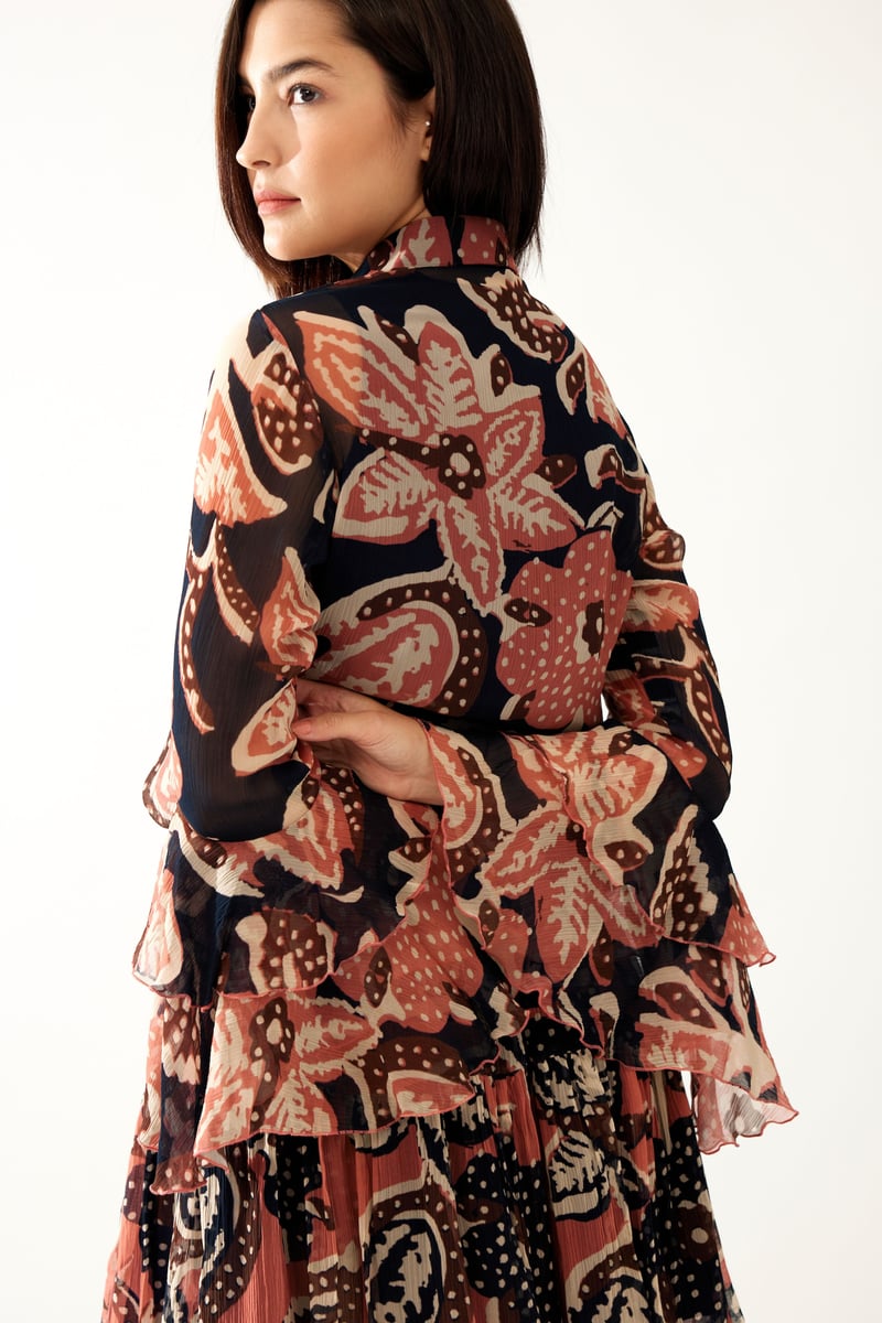Dark Blue And Pink Floral Frill Top